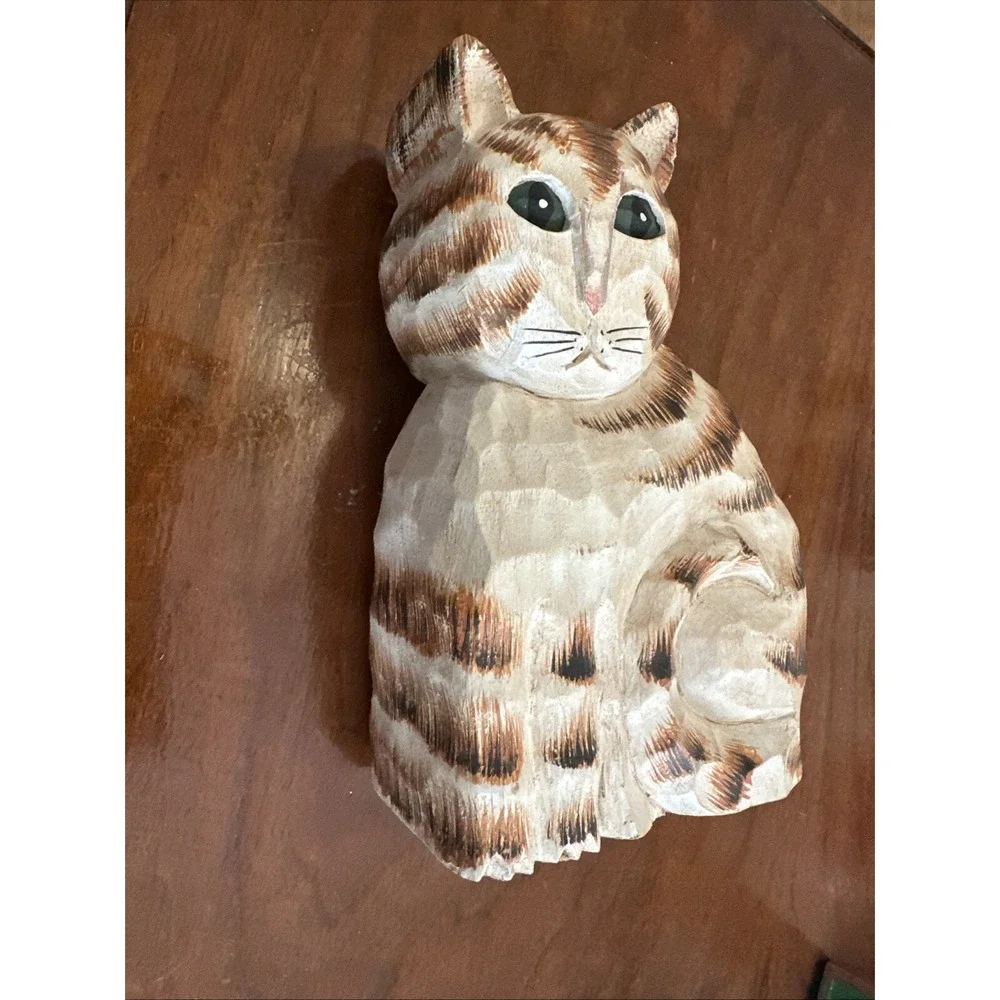 James Haddon Folk Art Wood Carved Striped Cat Figurine Signed